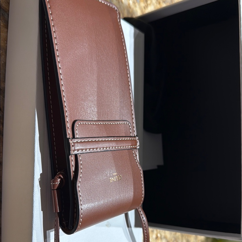 Celine Leather Phone Crossbody in Brown with White Stitching